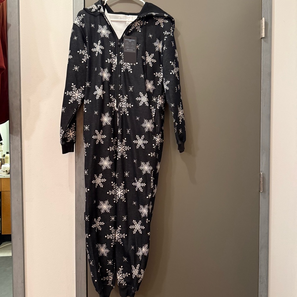 Fabletics Black Snowflake Hooded One-Piece Jumpsuit